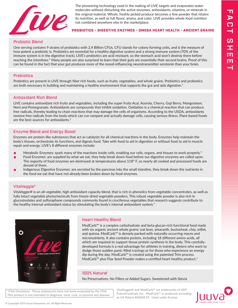 Juuva Live Probiotic Fact Sheet